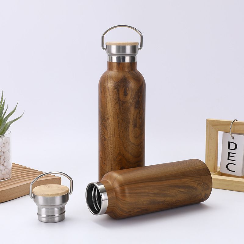 Custom wood grain insulated water bottle with removable wooden and stainless steel lid