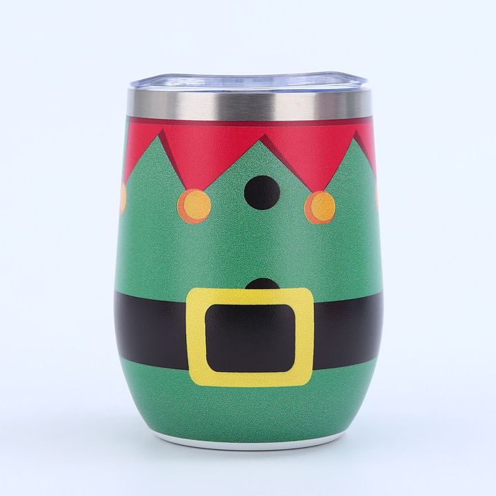 Green 12oz Christmas egg shaped stainless steel tumbler with elf suit UV printed design