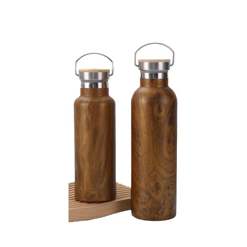 500ml and 750ml wood grain insulated water bottles with stainless steel interior