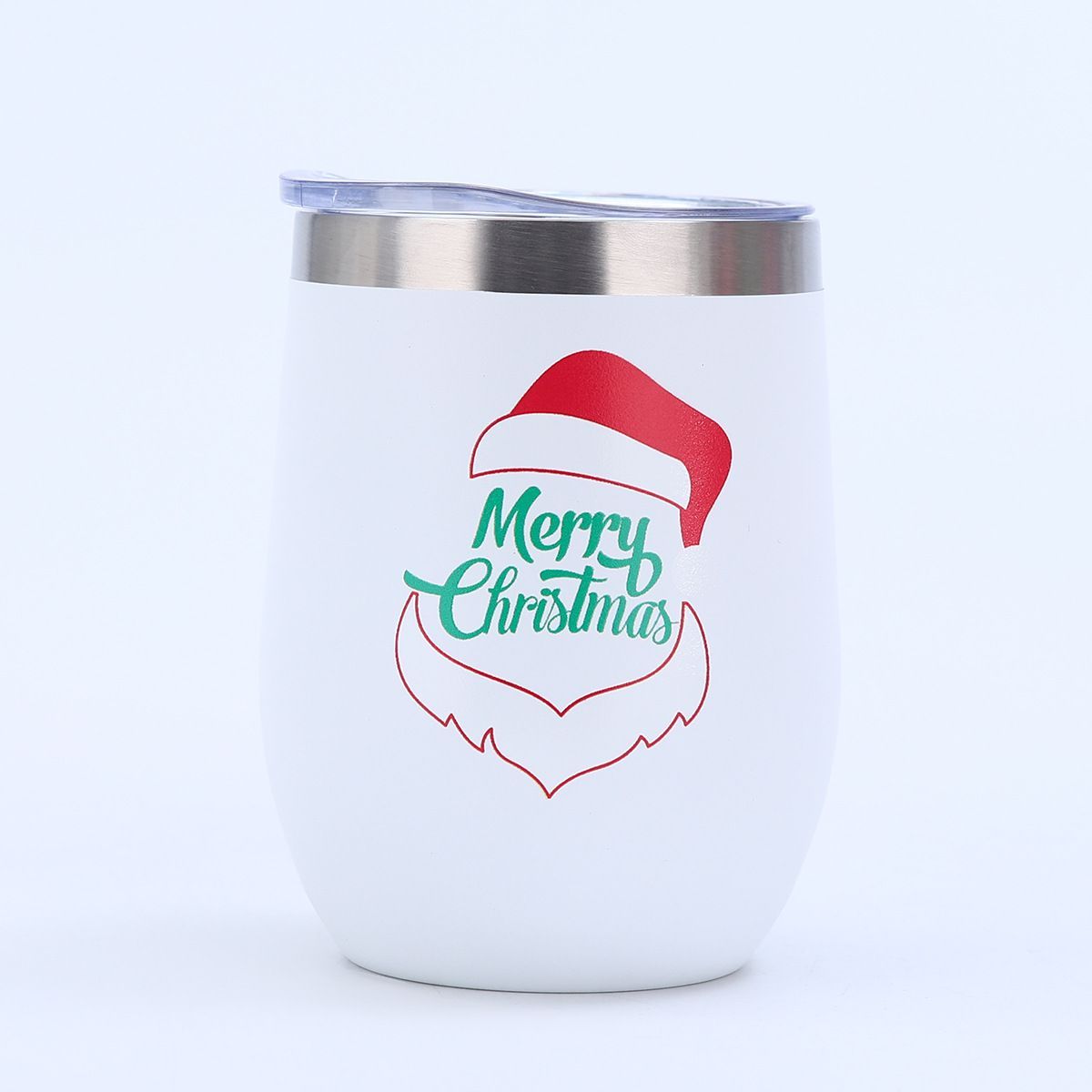 White 12oz egg tumbler with Merry Christmas Santa hat UV printed design