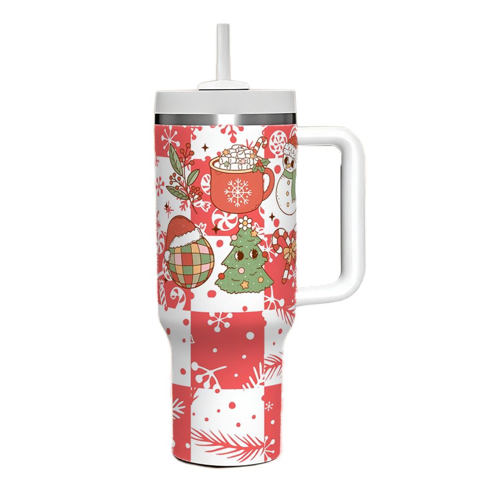 Red and white 40oz Christmas tumbler with handle and festive checkerboard UV printed pattern