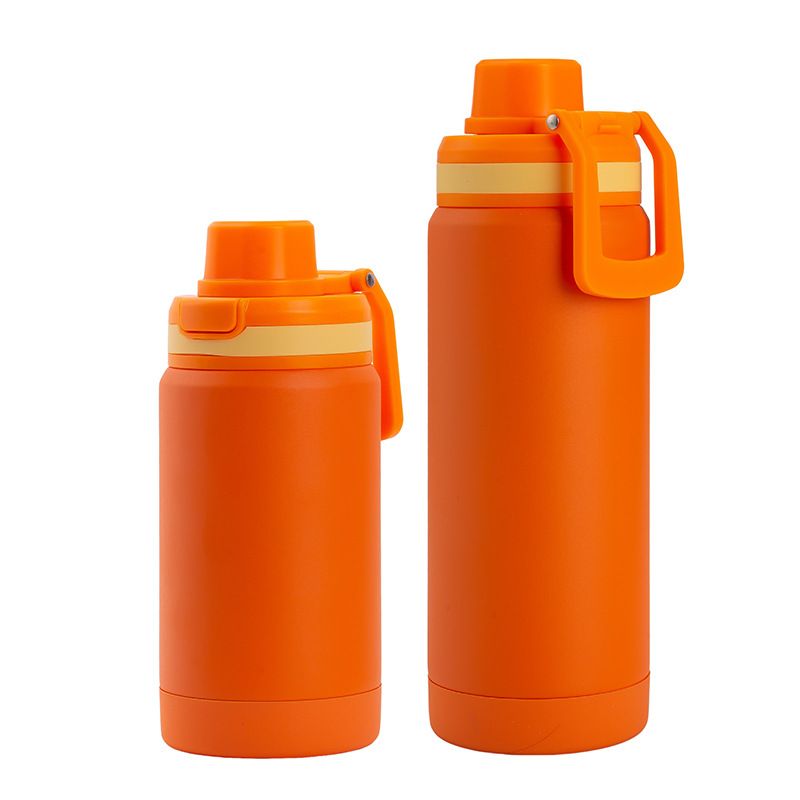Two size options of orange insulated bottle with spout lid and carry handle