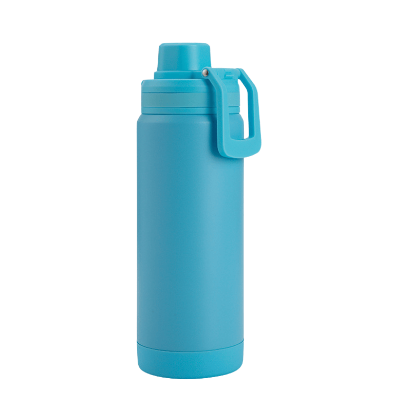 Light blue insulated bottle with spout lid and carry handle on white background