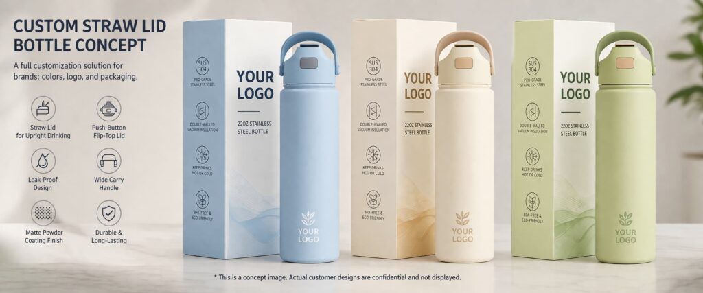 Custom straw lid insulated water bottle concept image with three pastel color options and matching branded packaging boxes for a private label drinkware project.