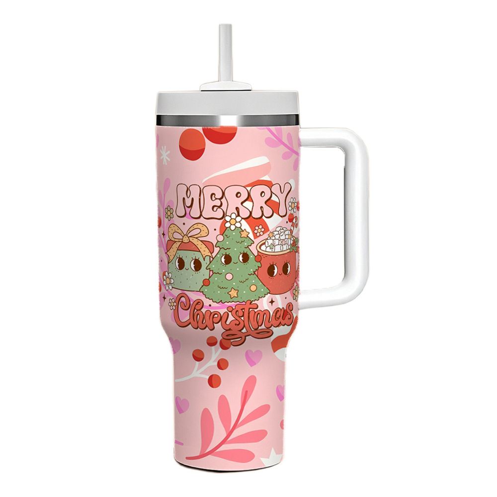 Pink 40oz Christmas tumbler with handle and full-body holiday artwork for custom gift projects