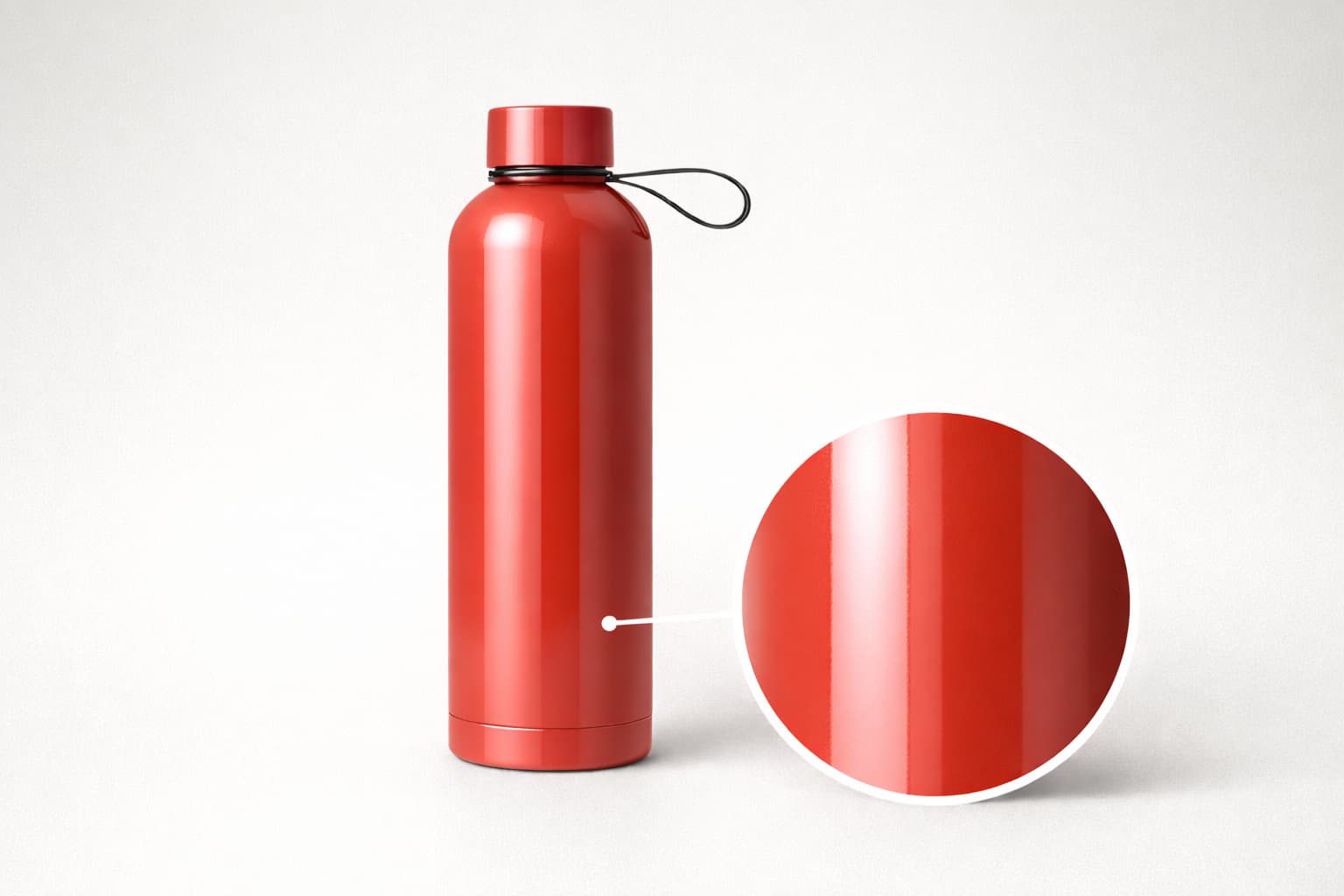 High-gloss spray painted stainless steel insulated water bottle in coral red, showing smooth reflective paint surface with close-up finish detail.