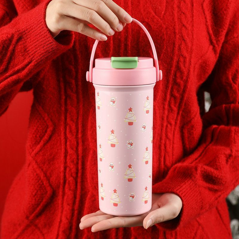 Pink 600ml Christmas insulated tumbler with handle and cute tree snowman UV printed design