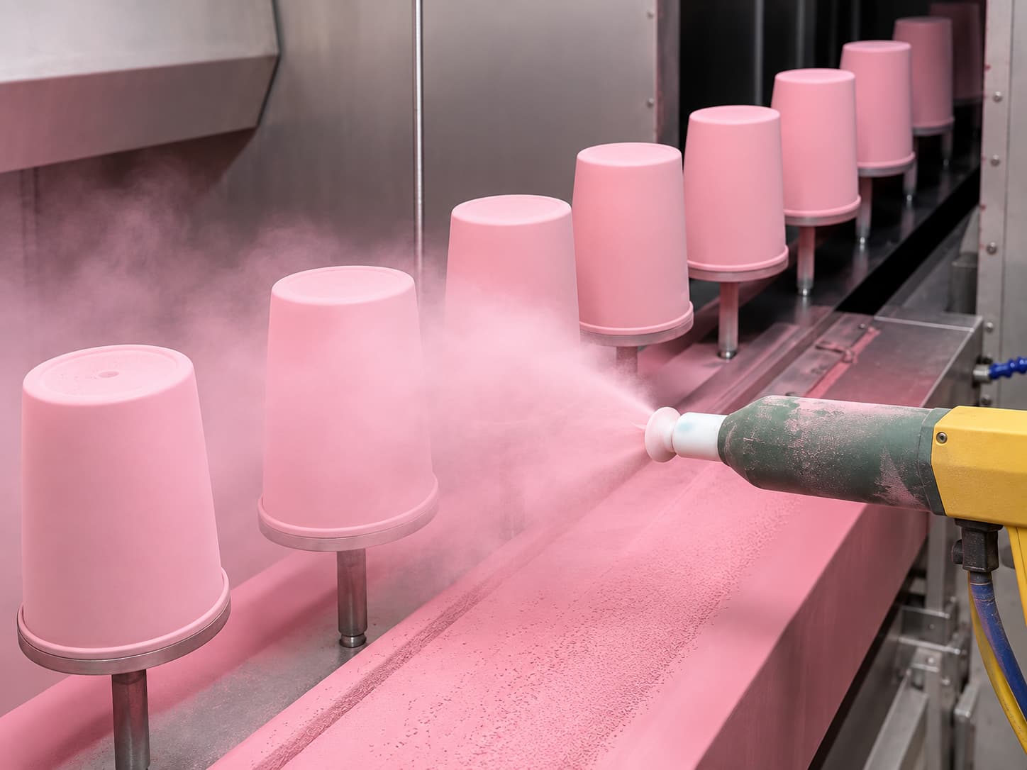 Powder coating process spraying pink powder onto stainless steel tumbler bodies