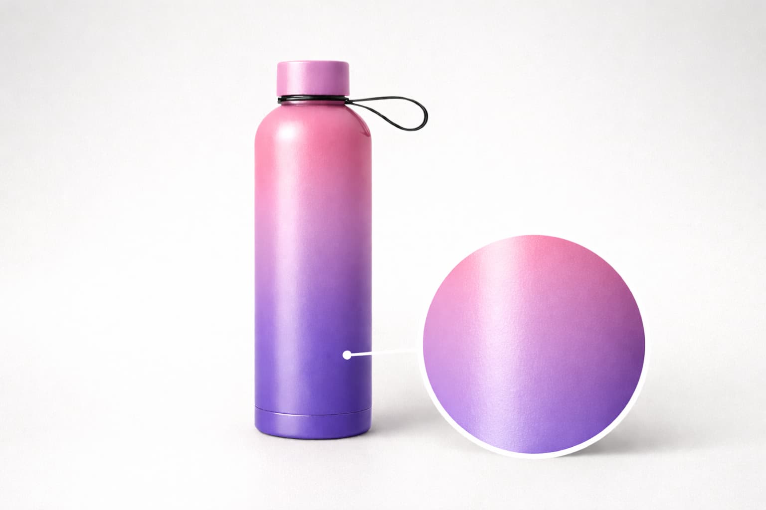 Gradient spray painted stainless steel insulated water bottle with pink to purple color transition, shown with smooth surface and close-up finish detail.