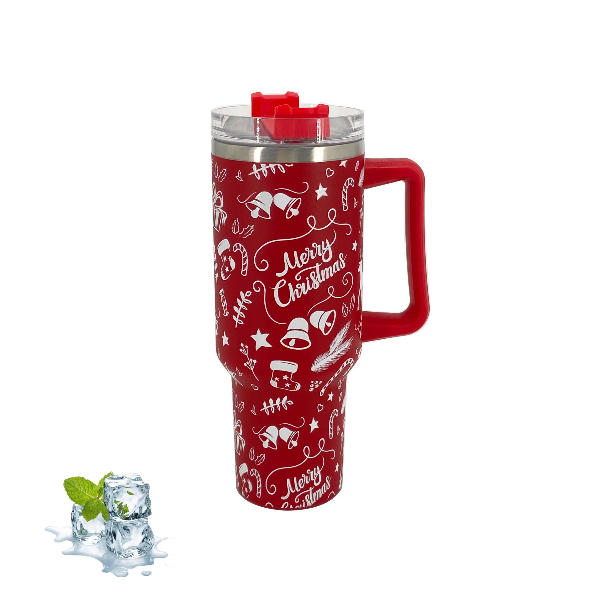 Red 40oz Christmas stainless steel tumbler with handle and white holiday artwork