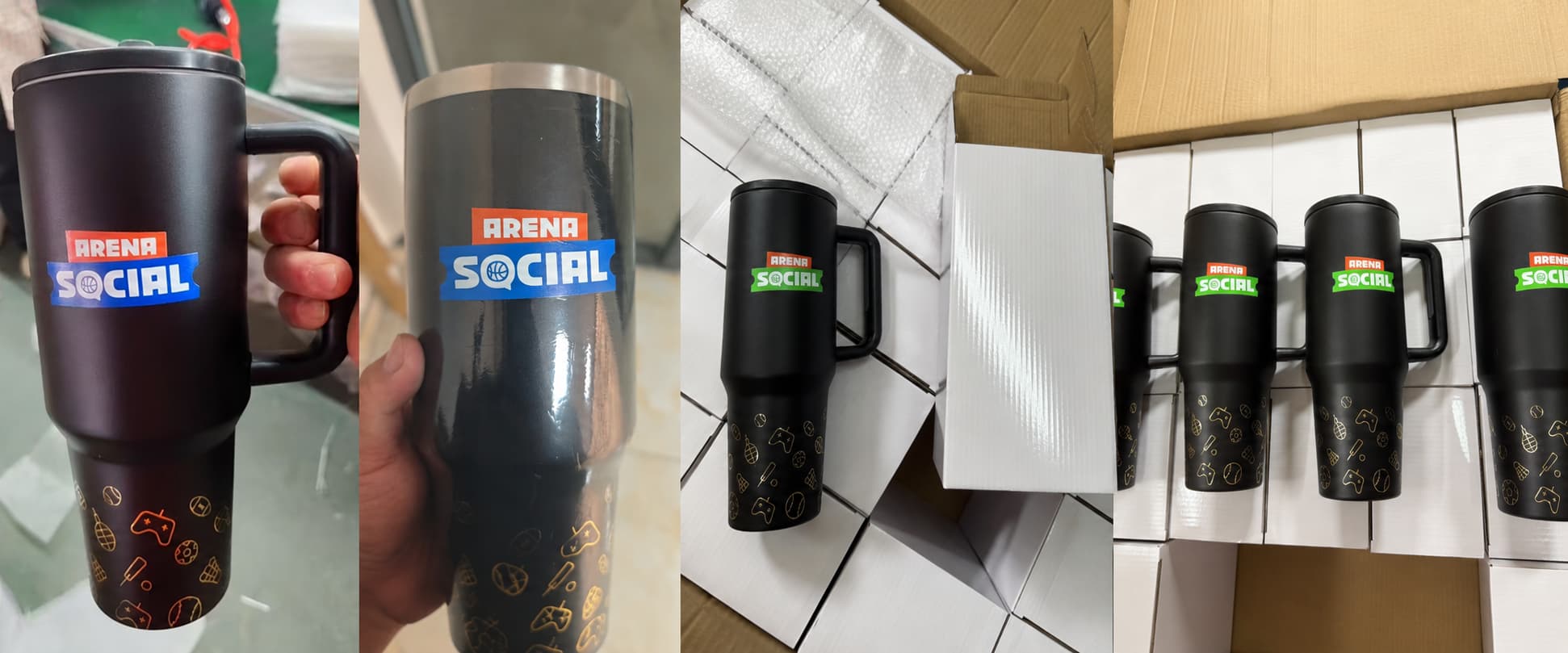 Custom black 40oz travel tumblers for a Philippine sports community brand showing 3D UV Arena Social logo, gold foil sports icon pattern, white box packaging, and bulk order photos