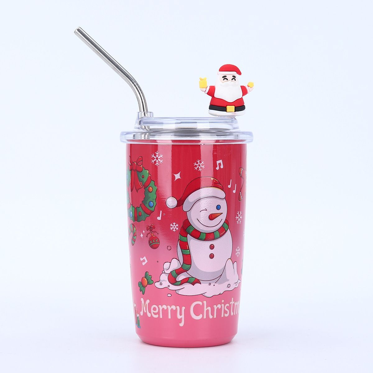 Red 460ml Christmas stainless steel tumbler with metal straw and snowman UV printed pattern