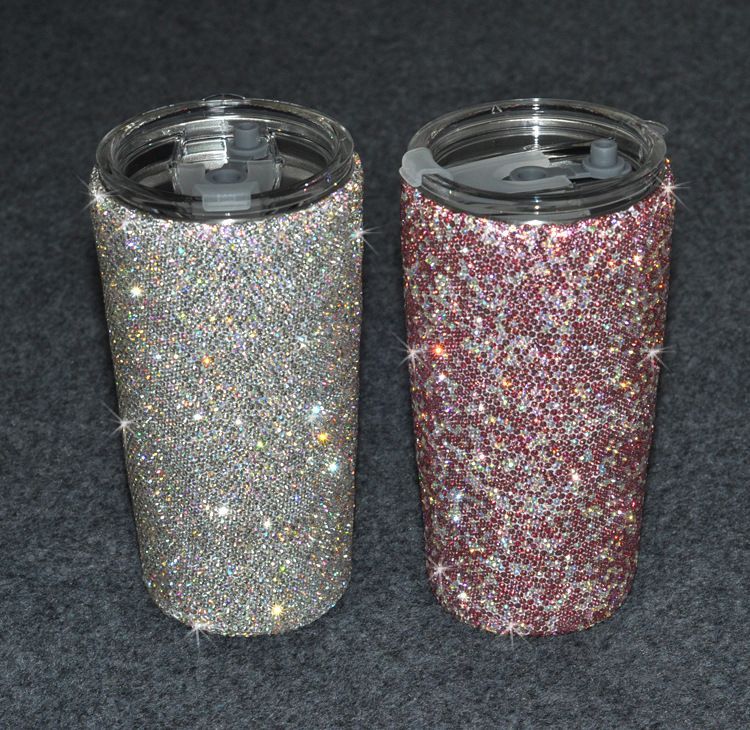 Stainless steel insulated tumblers with resin rhinestone surface and sliding lids