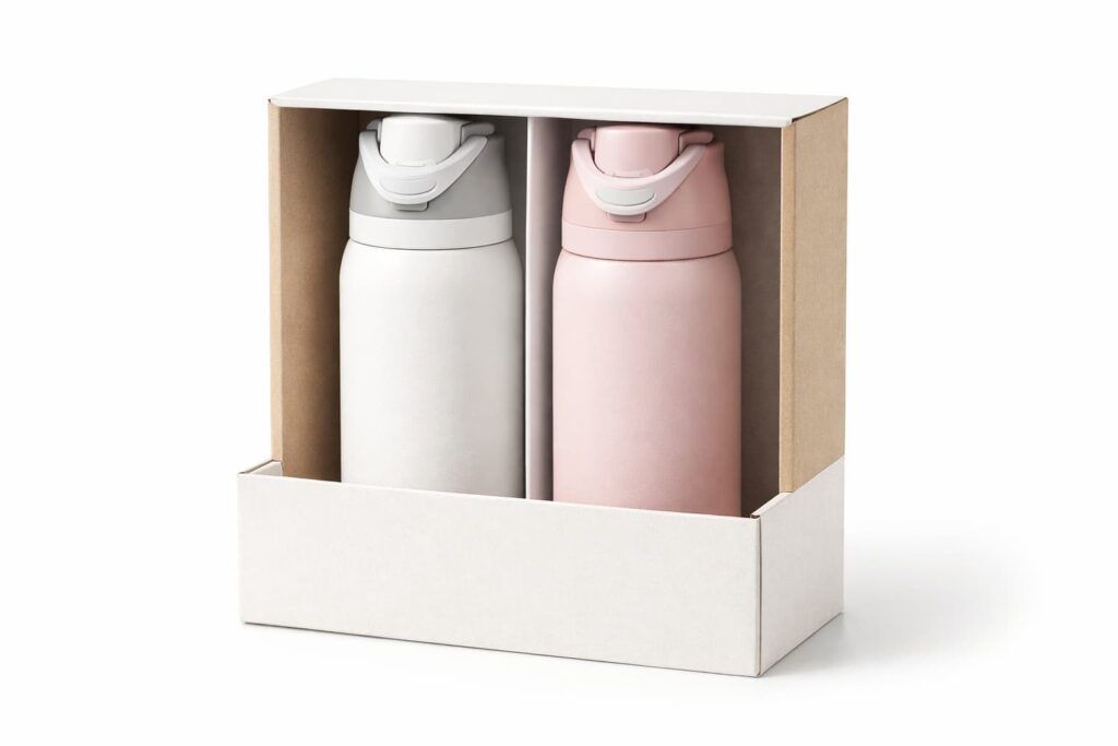 Open-top PDQ display packaging for two stainless steel insulated bottles, OEM retail-ready design