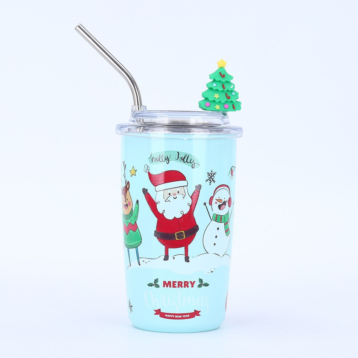 Light blue 460ml mini Christmas tumbler with metal straw and Santa snowman UV printed pattern