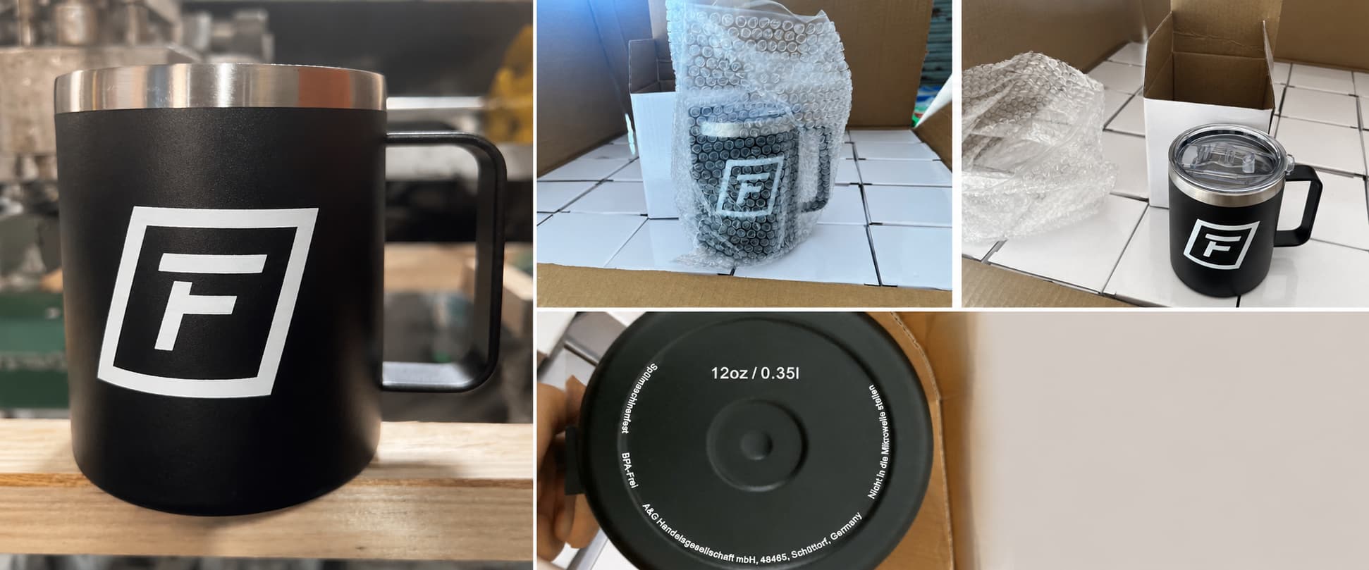 Custom black 12oz stainless steel coffee mug for a German wellness brand showing single-color silk screen logo, white box packaging, bubble wrap, and real product detail photos