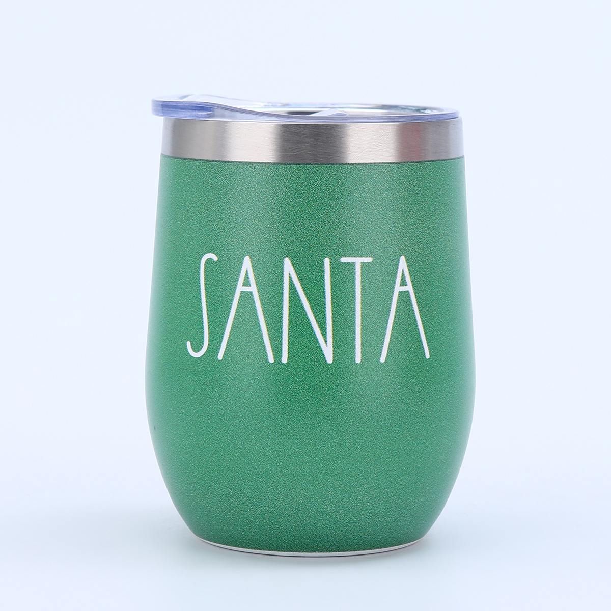 Green 12oz stainless steel egg tumbler with custom Santa logo print