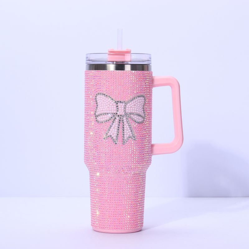 40oz pink bling rhinestone insulated tumbler with handle, bow pattern
