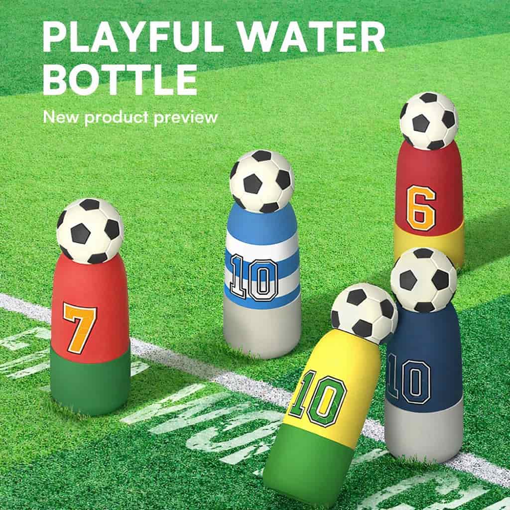 custom soccer themed insulated water bottles for kids with football lid and jersey number design