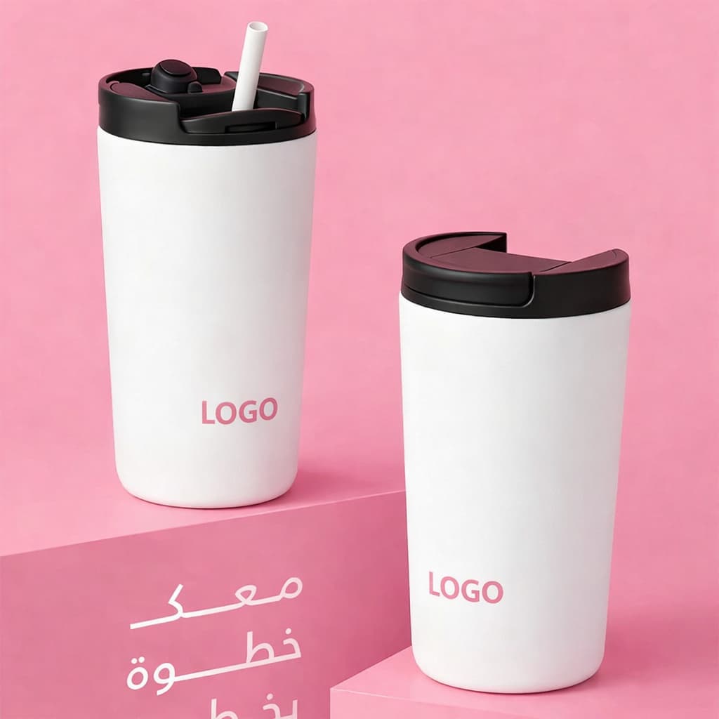 Two white insulated tumblers with black lids on pink background, “LOGO” print