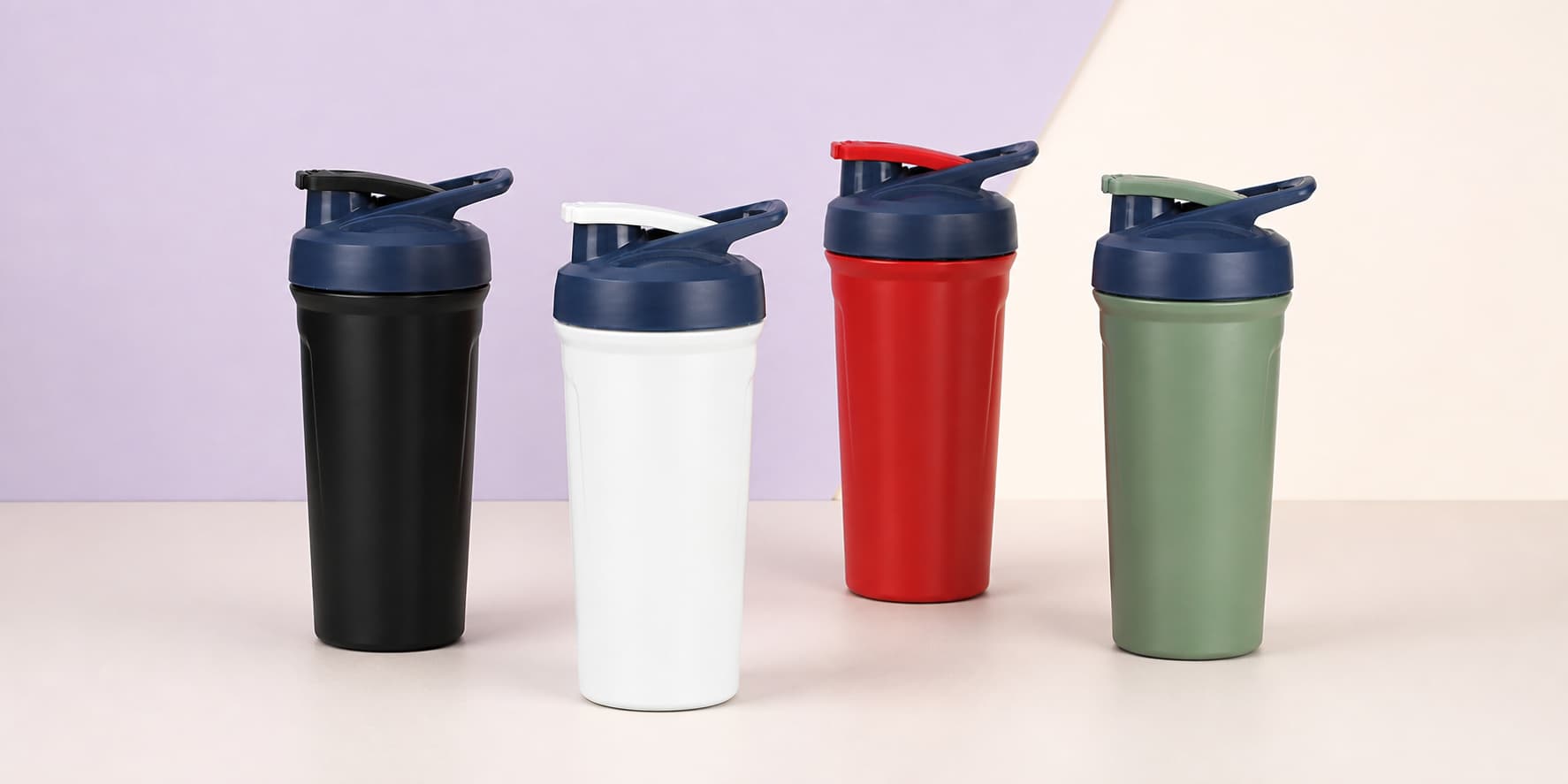 24oz stainless steel protein shaker bottles in black, white, red and green