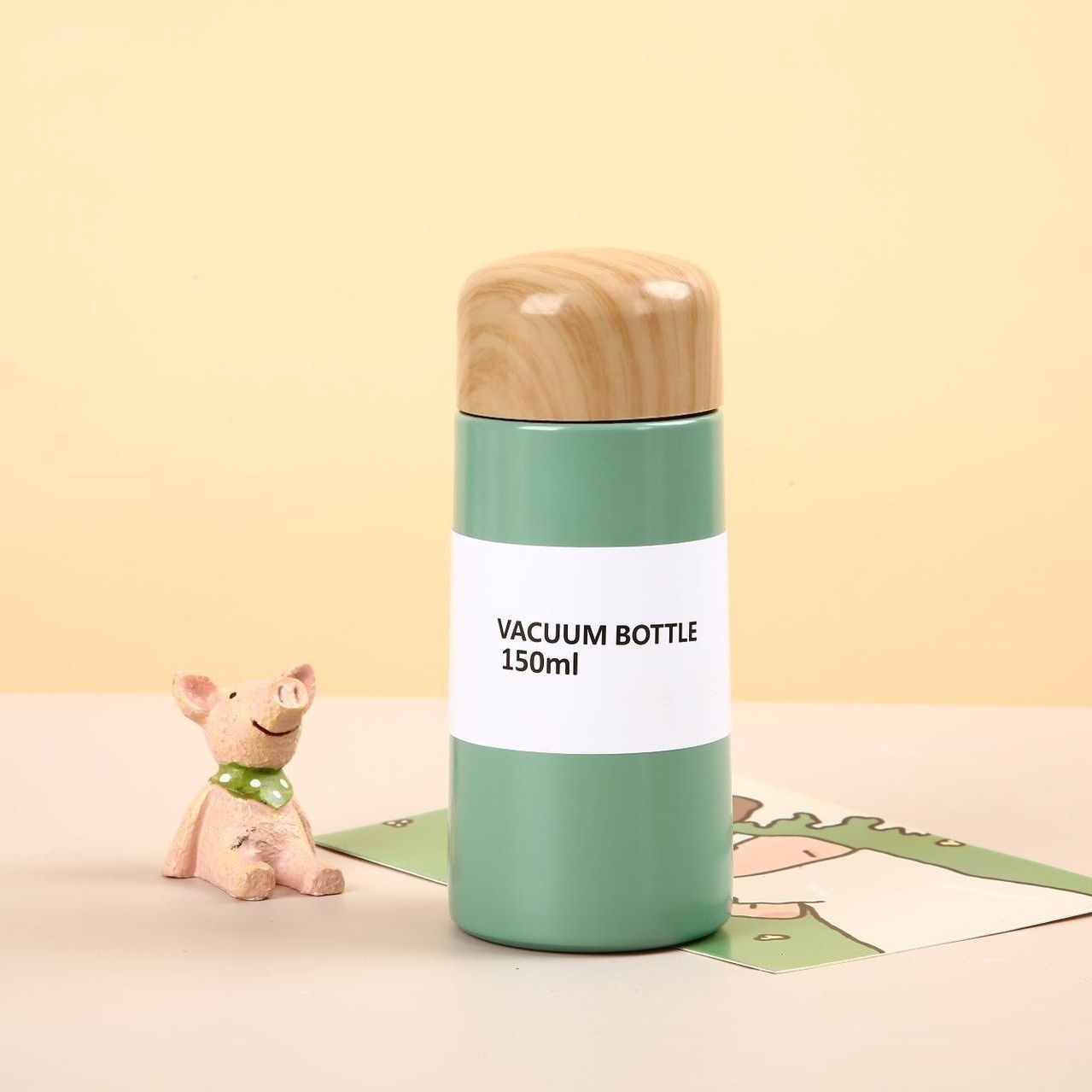 150ml mini vacuum insulated stainless steel bottle with wooden lid, compact size for custom wholesale