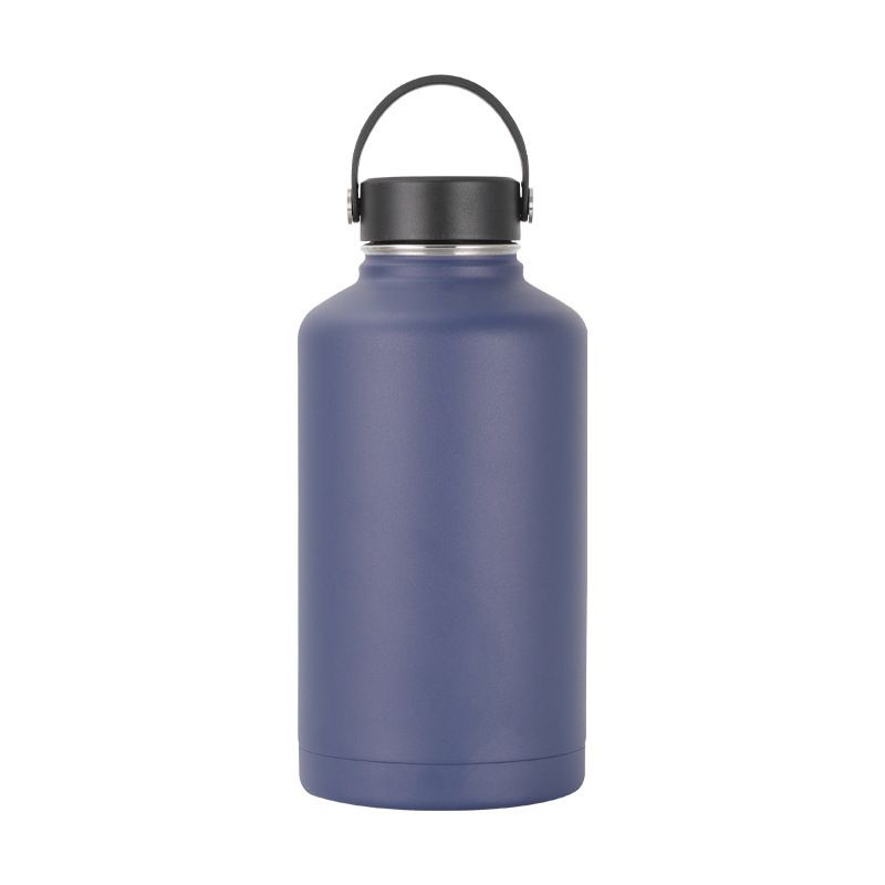 Blue insulated stainless steel sports water bottle 64oz with 12 lid choices
