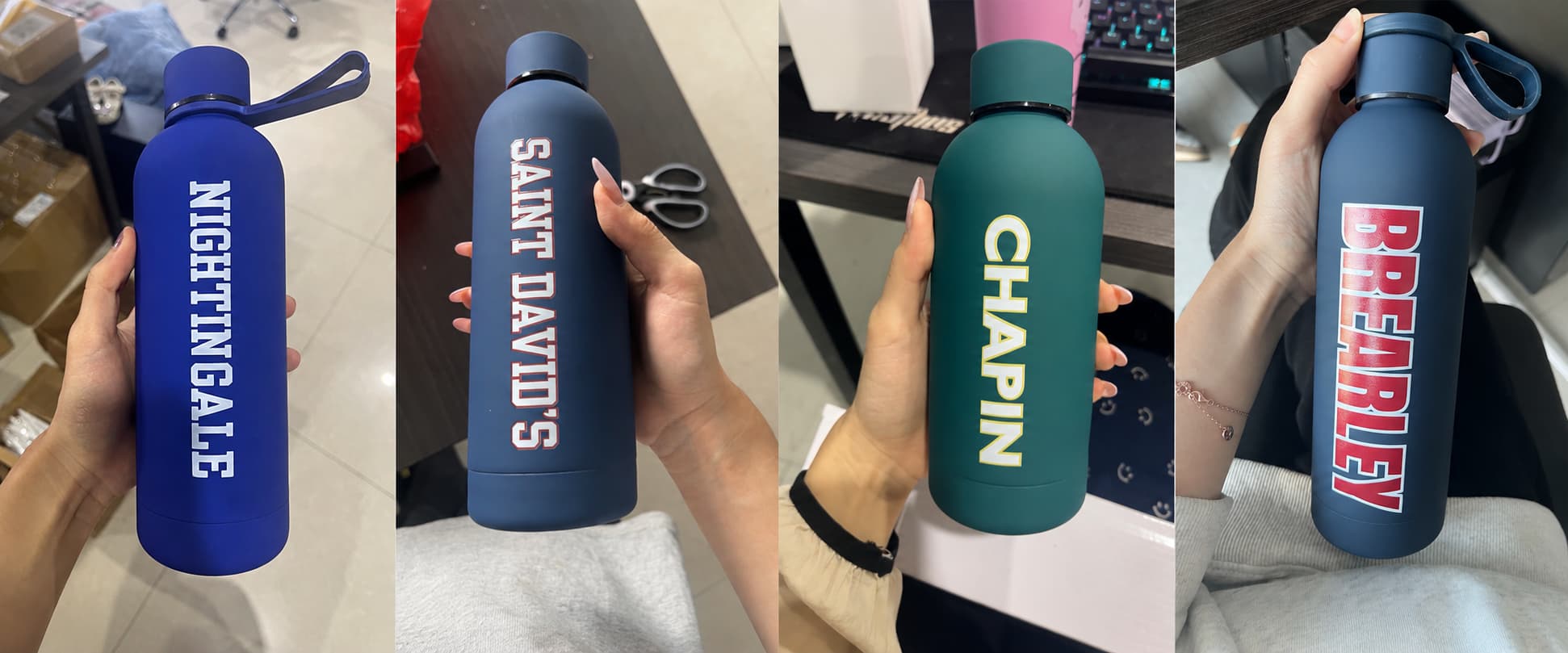 Collage of custom school logo insulated water bottles for different New York school projects showing matte colored bottles with raised 3D UV printed school names