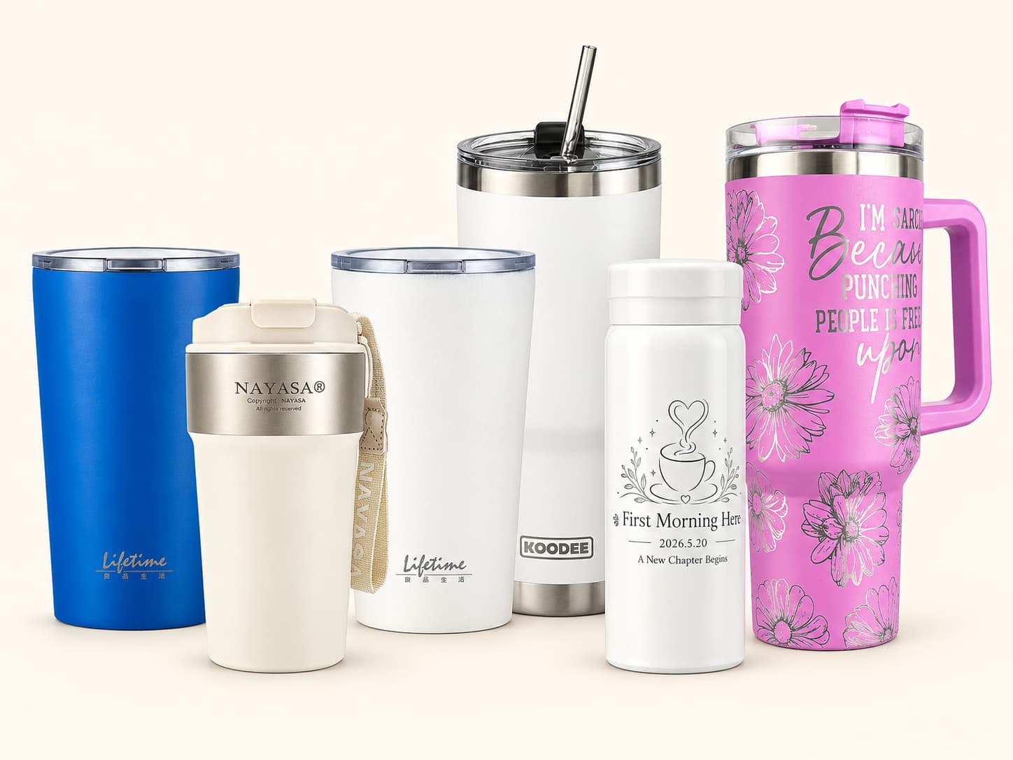 Laser engraved logos and detailed artwork on stainless steel tumblers and bottles