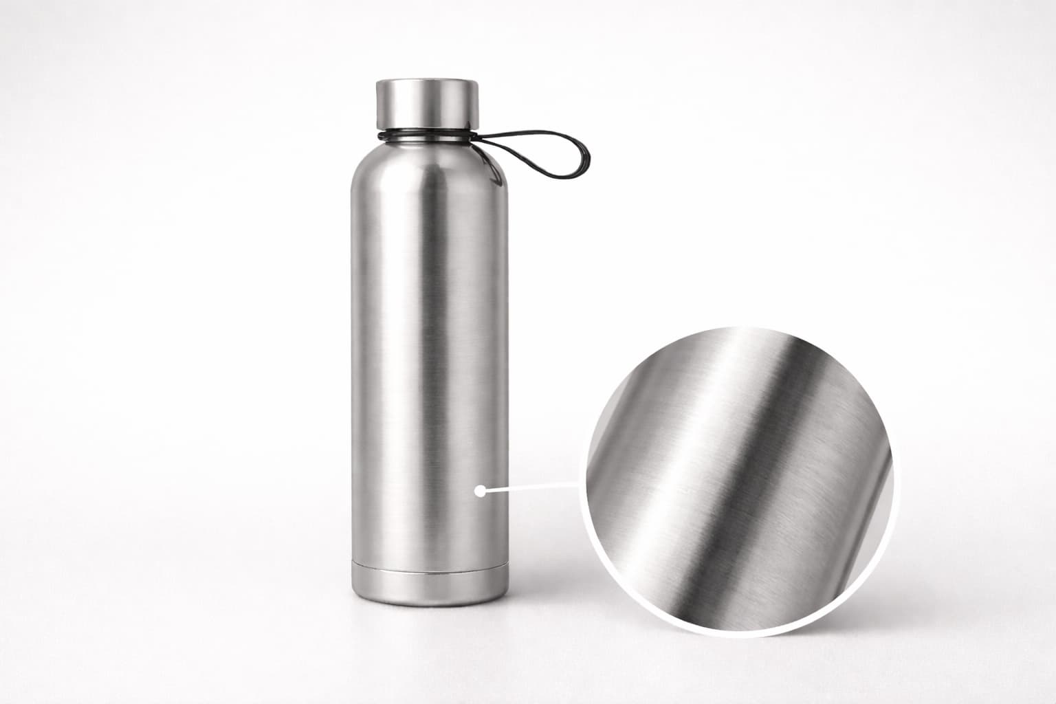 Brushed stainless steel insulated water bottle with linear brushed finish, showing matte metal texture and close-up surface detail.