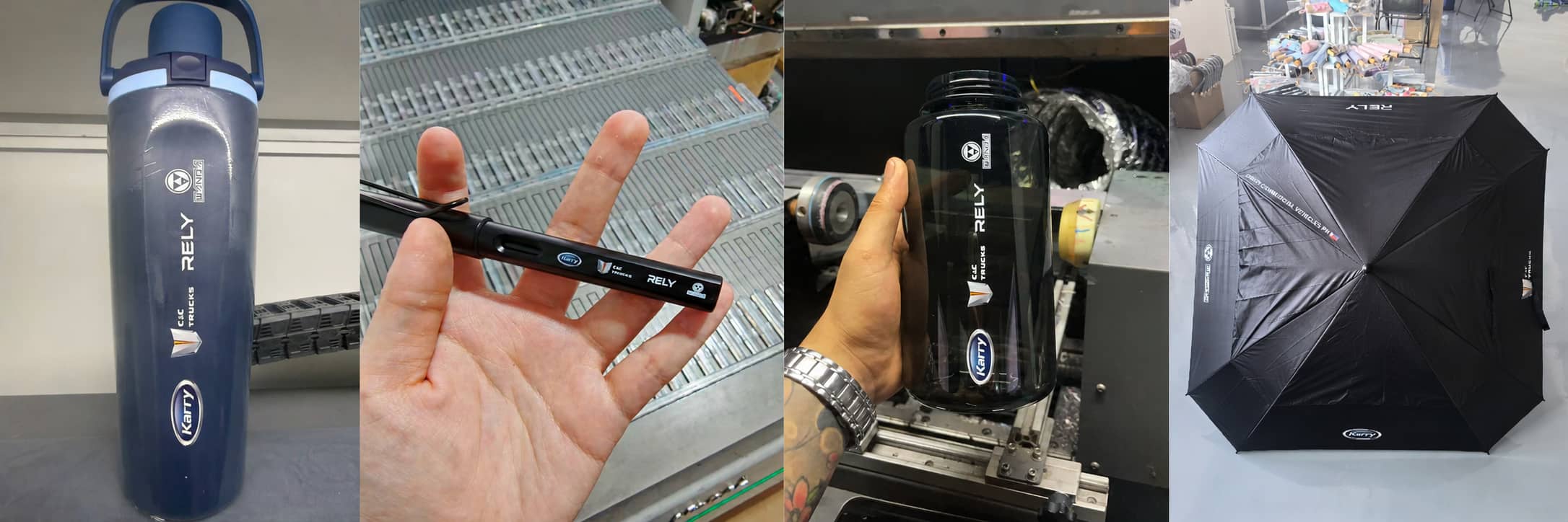 Collage of a Philippine distributor gift project showing a custom 32oz dual-sip insulated bottle with logo, branded pen, printed bottle sample, and matching black umbrella