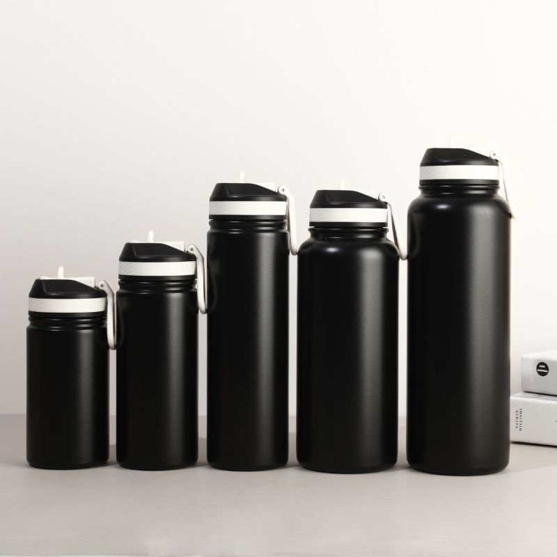 Black insulated straw bottles multi sizes