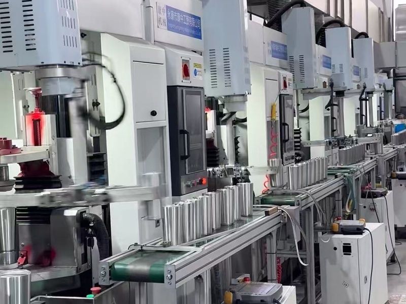 Automated stainless steel bottle production line with CNC machining and conveyor system