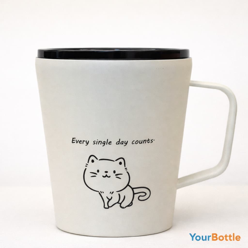 Cream insulated mug with black screen printed cat graphic on a soft light background