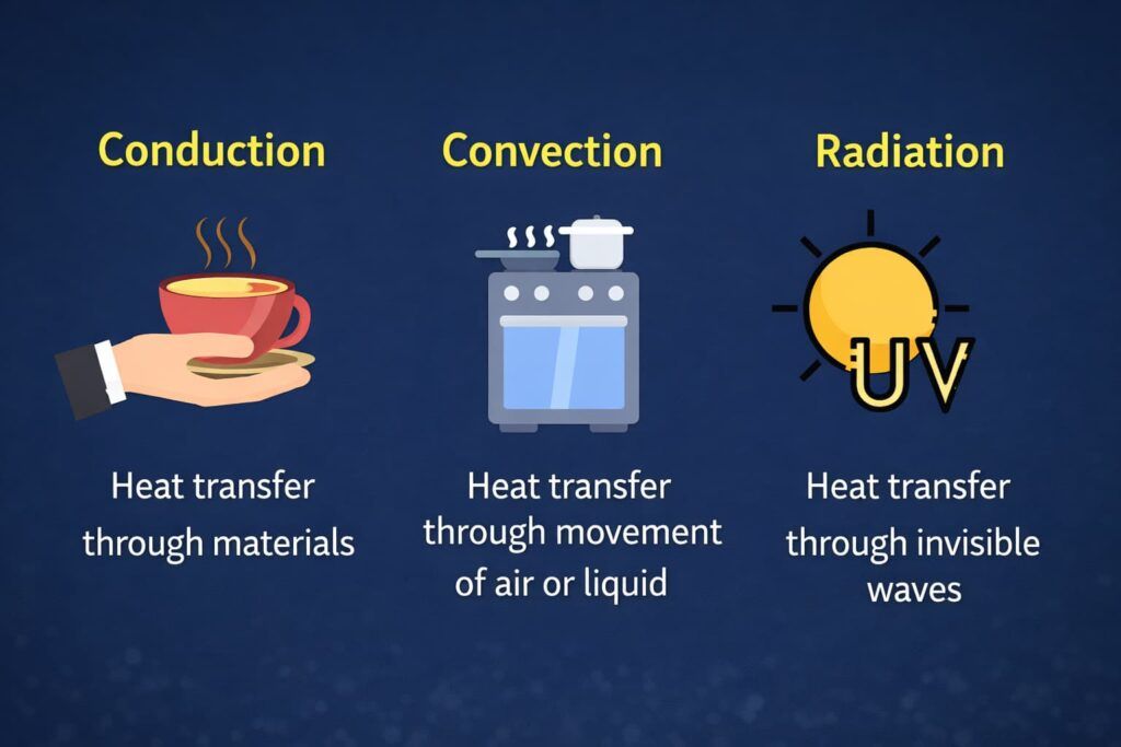 Diagram showing the three main heat transfer methods conduction, convection, and radiation, explaining how heat moves in insulated water bottles