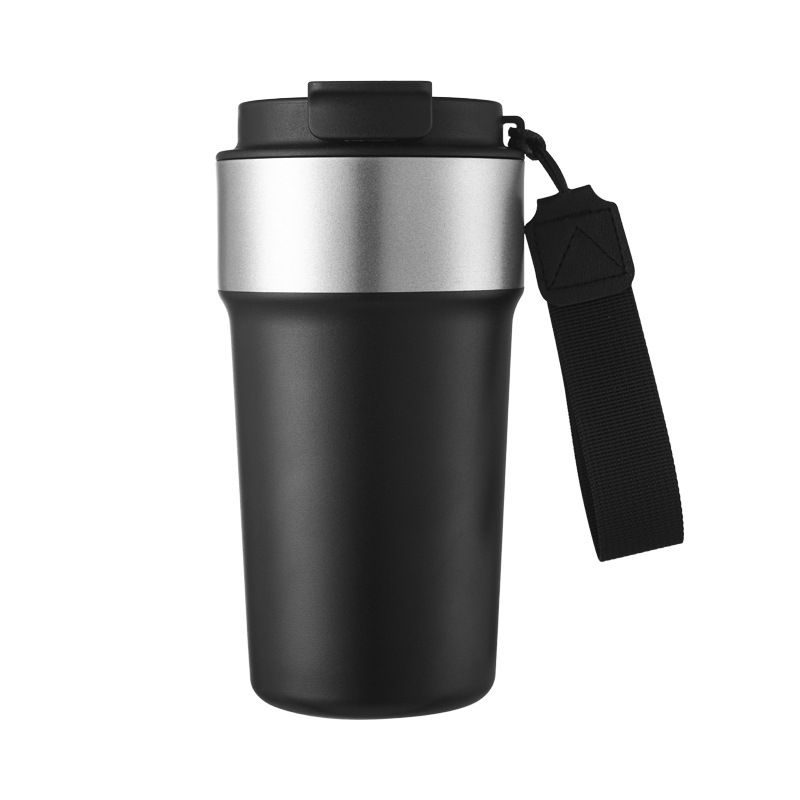 17oz stainless steel coffee tumbler with woven carry strap and dual-use lid
