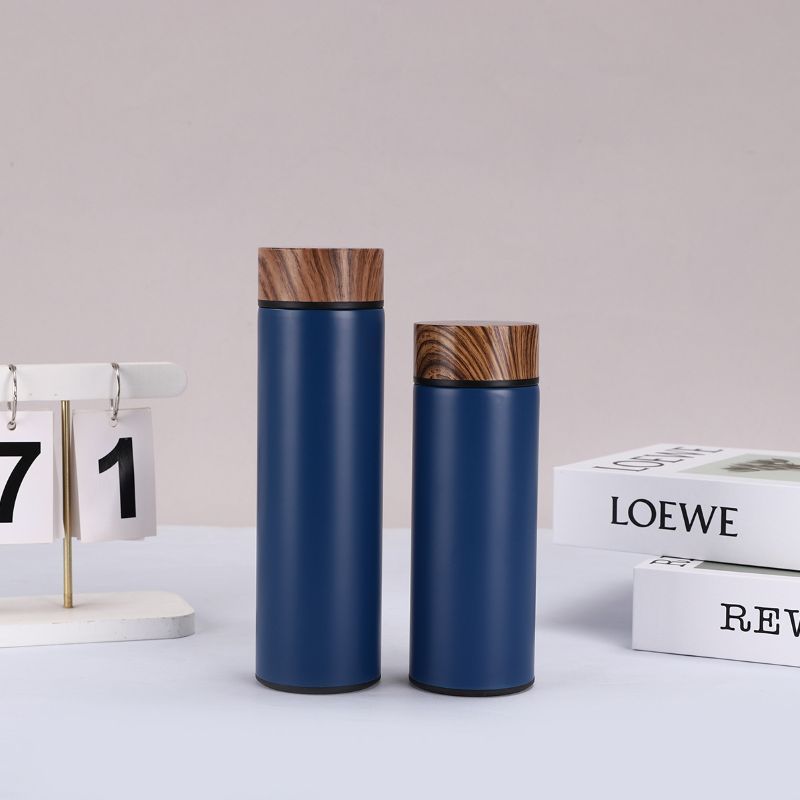 Blue straight body vacuum insulated bottle with wooden lid, OEM customization