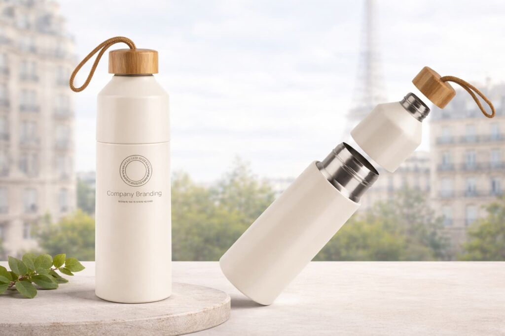 Cream-colored custom insulated stainless steel bottle with bamboo lid, laser engraved circular logo, and detachable body structure on a soft French-style background