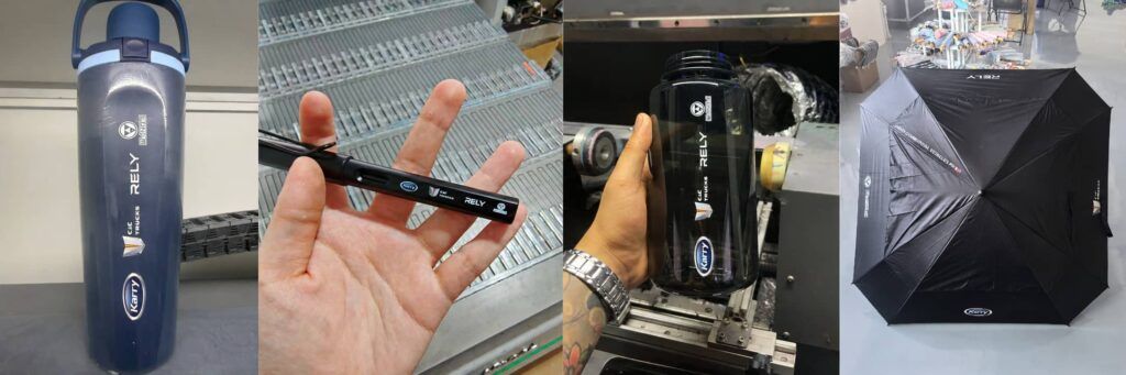 Collage of a Philippine distributor gift project showing a custom 32oz dual-sip insulated bottle with logo, branded pen, printed bottle sample, and matching black umbrella.