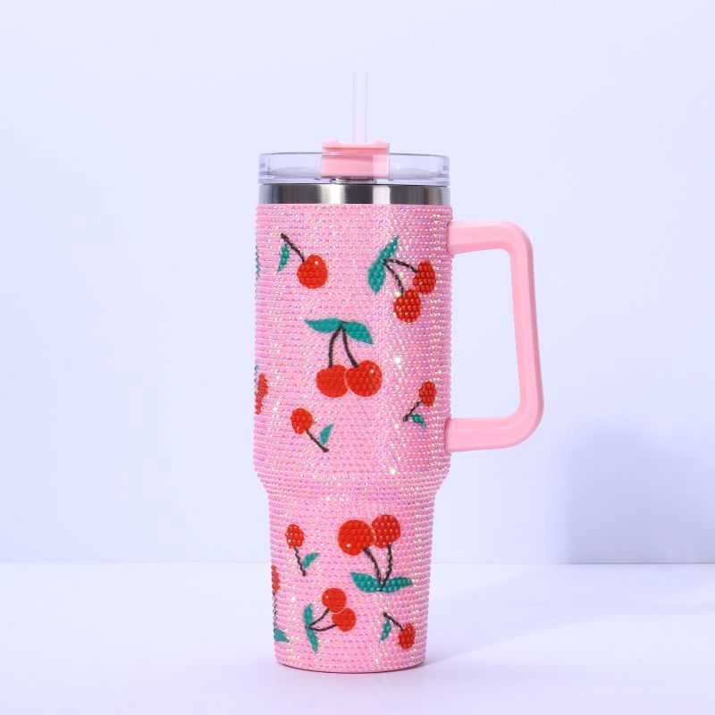 40oz shiny rhinestone insulated tumbler with handle, pink cherry pattern