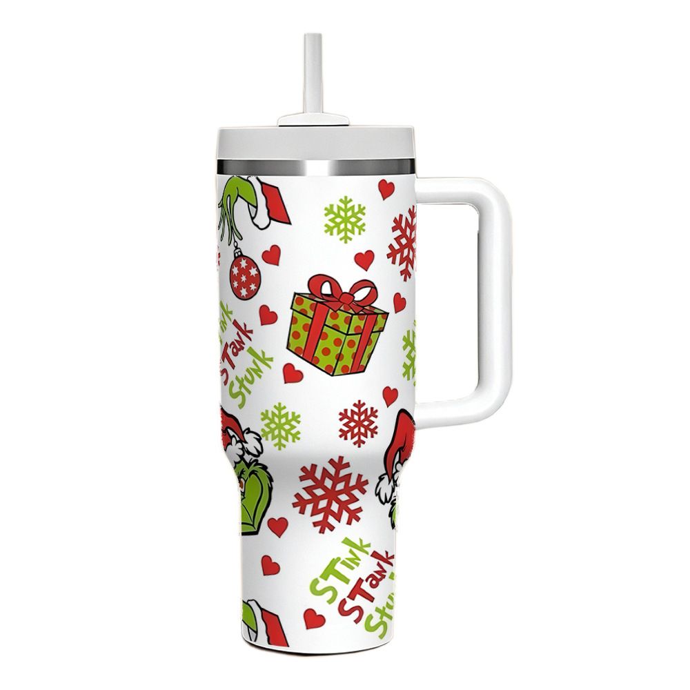 White 40oz Christmas tumbler with handle and red green holiday graphic UV print