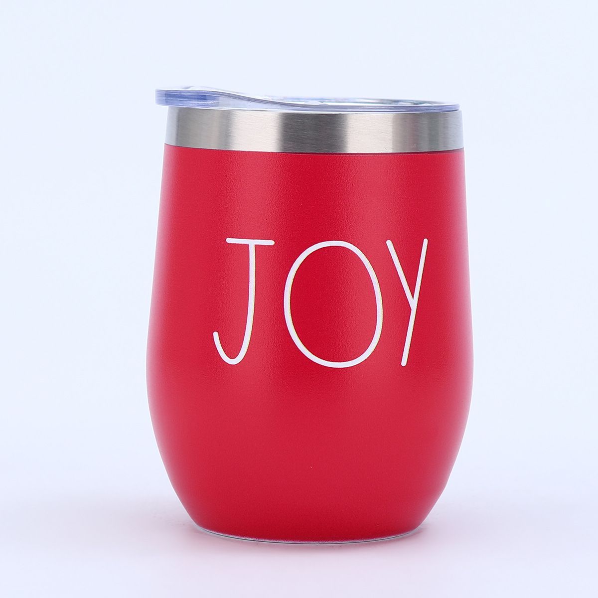 Red 12oz stainless steel egg tumbler with simple Joy holiday logo print