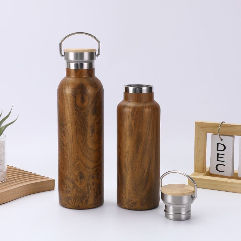 Wood grain water transfer insulated bottle with wooden lid, stainless steel vacuum flask
