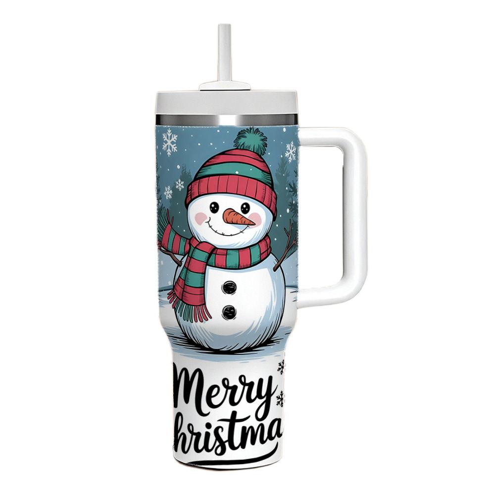 Blue 40oz Christmas tumbler with handle and snowman full-body UV printed design