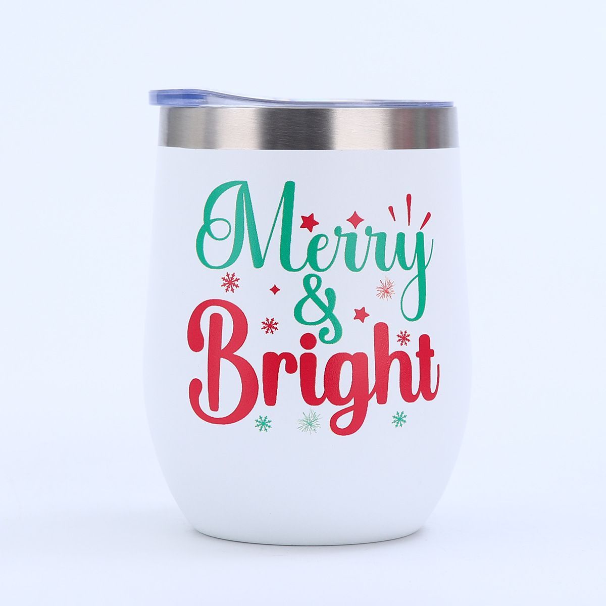 White 12oz egg tumbler with Merry and Bright red green Christmas UV print
