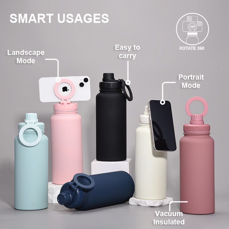 Stainless steel water bottle with magnetic phone holder