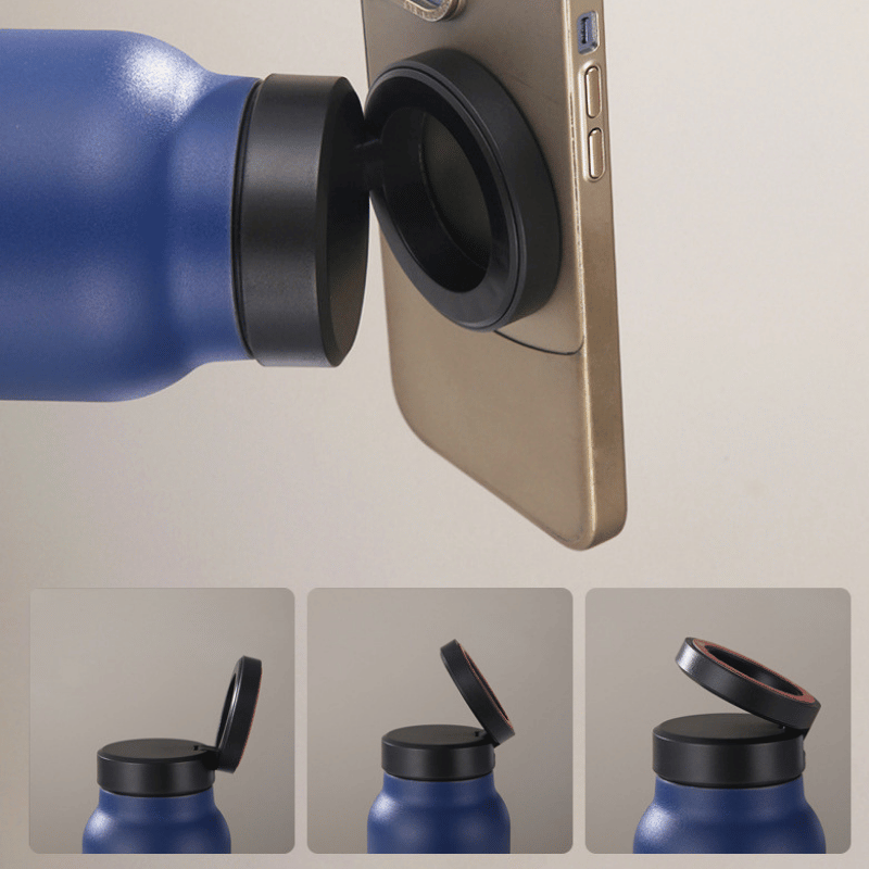 Stainless Steel Water Bottle with Magnetic Phone Holder Lid – Multiple Angles