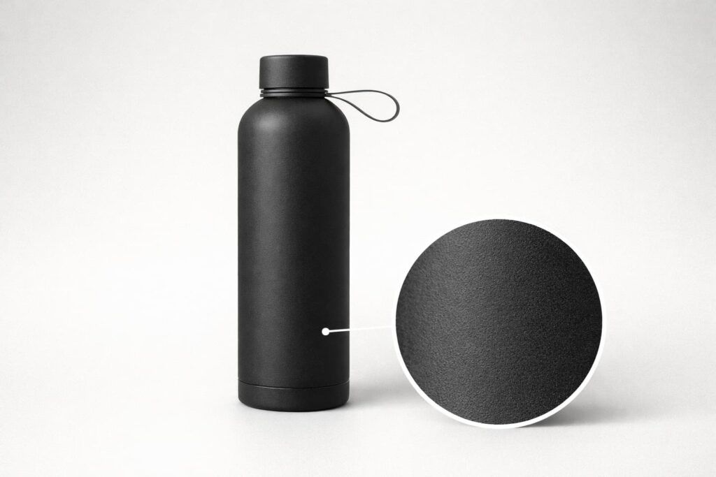 Matte powder coated stainless steel insulated water bottle with low-gloss finish and close-up texture detail.