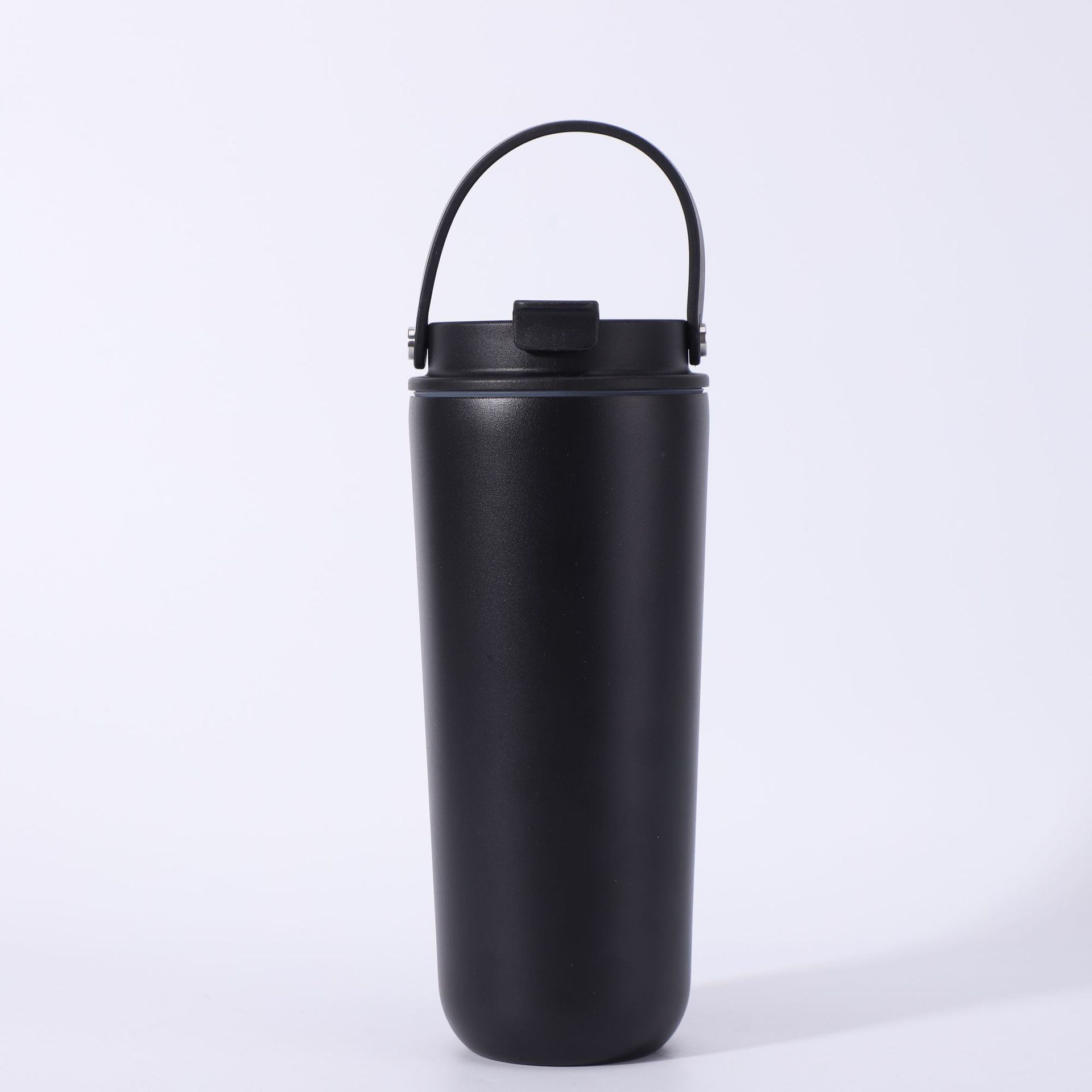 Black stainless steel travel tumbler with loop handle and straw, custom logo option