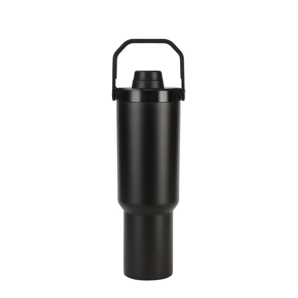 Black stainless steel tumbler with open drinking spout detail